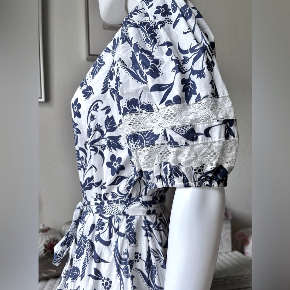 Pinch Midi Dress Lacey Cotton Tiered Floral Removable Belt Blue & White Size M - Picture 8 of 11